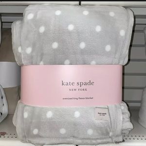Kate Spade KING 112x92 Light Gray White Polka Dot Dots Fleece Throw Blanket Grey